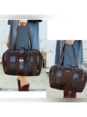 Black suede and burgundy patent leather Boston bag
